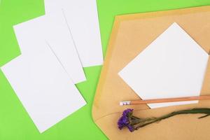 blank of photos and the clean blank of photo in a postal envelope on a green background