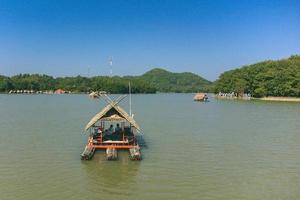 Loei Province, Thailand  December 2021  Area of Huai Krathing reservoir with bamboo raft shelter for Rafting and Eating. Beautiful natural landscape of the river and mountain with blue sky photo