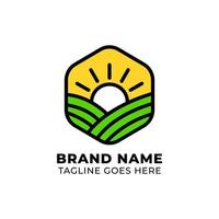 agriculture logo template with farmland shape and shining sun vector