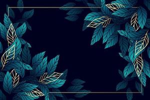 Tropical leaves and branches with golden lines background with frame vector