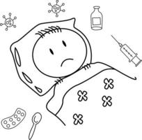 cute cartoon illustration for kids. black and white. the boy is sick. he is resting vector