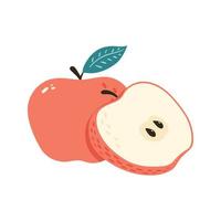 Manzana roja dulce fresca con ilustración vectorial aislada de hoja. una fruta entera y media con semillas. estilo de dibujos animados vector