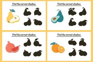 Find correct Fruit shadow educational game for kids. Educational worksheet. Preschool puzzle. Shadow matching activity for children. Find correct silhouette game with ripe fruits vector