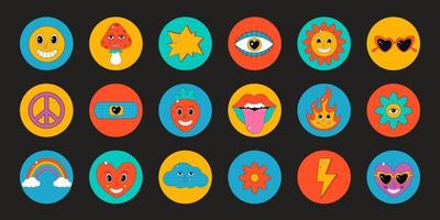 Set of cute elements and characters in psychedelic 70's style vector