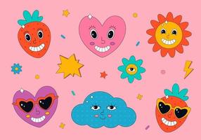 Set of cute characters in psychedelic 70's style vector