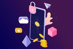 NFT non fungible token infographic with lines and dots network. Pay for unique collectible in video, game, art. Isometric vector illustration of NFT with blockchain technology for web, banner template