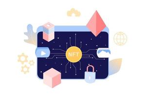 NFT non fungible token infographic with lines and dots network. Pay for unique collectible in video, game, art. Isometric vector illustration of NFT with blockchain technology for web, banner template