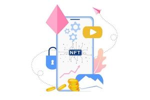 Infografía de token no fungible nft con red de líneas y puntos. paga por un coleccionable único en video, juego, arte. ilustración vectorial isométrica de nft con tecnología blockchain para web, plantilla de banner vector