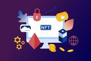 NFT non fungible token infographic with lines and dots network. Pay for unique collectible in video, game, art. Isometric vector illustration of NFT with blockchain technology for web, banner template