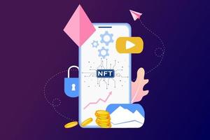 NFT non fungible token infographic with lines and dots network. Pay for unique collectible in video, game, art. Isometric vector illustration of NFT with blockchain technology for web, banner template