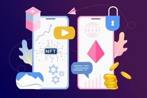 NFT non fungible token infographic with lines and dots network. Pay for unique collectible in video, game, art. Isometric vector illustration of NFT with blockchain technology for web, banner template