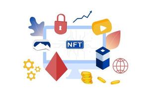 Infografía de token no fungible nft con red de líneas y puntos. paga por un coleccionable único en video, juego, arte. ilustración vectorial isométrica de nft con tecnología blockchain para web, plantilla de banner vector