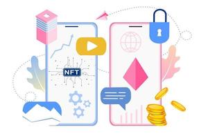 NFT non fungible token infographic with lines and dots network. Pay for unique collectible in video, game, art. Isometric vector illustration of NFT with blockchain technology for web, banner template