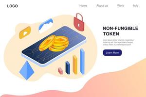 Infografía de token no fungible nft con red de líneas y puntos. paga por un coleccionable único en video, juego, arte. ilustración vectorial isométrica de nft con tecnología blockchain para web, plantilla de banner vector