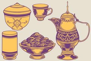 hand drawn of islamic ornaments with traditional Arabic dishes vector