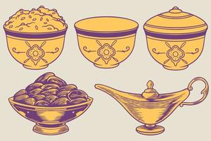 hand drawn of islamic ornaments with traditional Arabic dishes vector