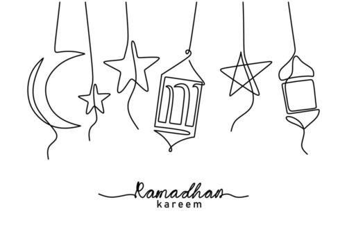 Single line of ramadan kareem word with hanging lantern and star vector