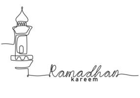 One continuous single line big mosque tower with ramadan kareem word vector