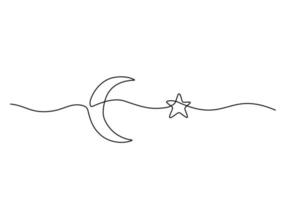 One continuous single line of moon and star vector