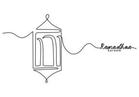 One continuous single line of ramadan kareem word with big lantern vector