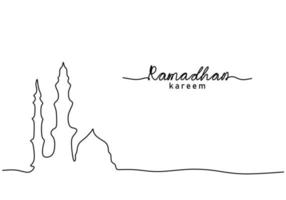 One continuous single line of big mosque with ramadan kareem word vector