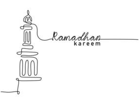 One continuous single line of big tower with ramadan kareem word vector