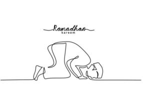 One continuous single line of ramadan kareem word with man praying vector