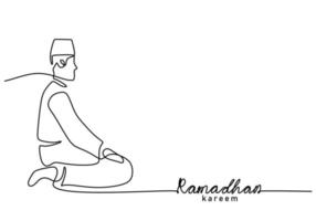 One continuous single line of ramadan kareem word with man praying vector