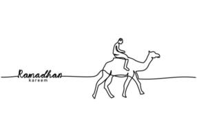 Single line of ramadan kareem word with man riding camel on desert vector