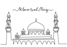 One continuous single line of big mosque with isra miraj word vector