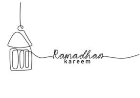 One continuous single line of ramadan kareem word with hanging lantern vector