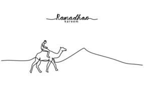 single line of ramadan kareem word with man riding camel on desert vector