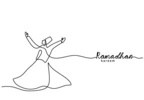 One continuous single line of ramadan kareem word with man dancing vector