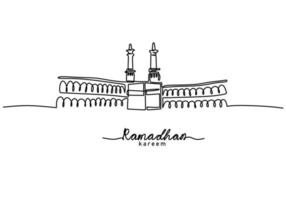 One continuous single line of ramadan kareem word with ka'bah in mecca vector