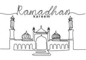 una sola línea continua de la gran mezquita con la palabra ramadan kareem vector