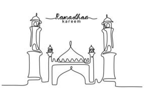 una sola línea continua de la gran mezquita con la palabra ramadan kareem vector