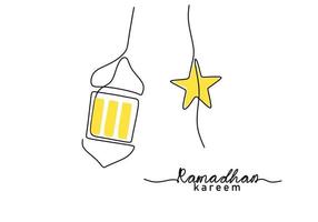 una línea continua de linterna grande y estrella amarilla con ramadan kareem vector