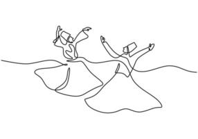 One continuous single line of ramadan kareem word with two man dancing vector