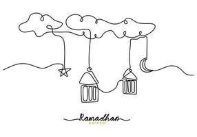 Single line of lanterns and stars hanging in clouds with ramadan word vector