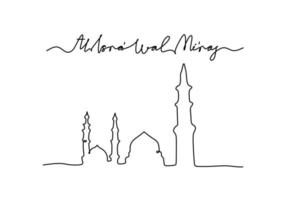 One continuous single line of big mosque with isra miraj word vector