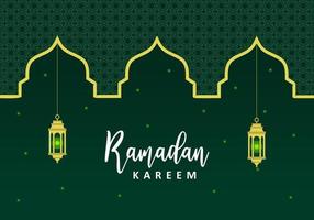 Ramadan kareem islamic greeting with green lantern islamic ornament. vector