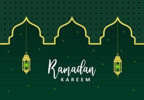 Ramadan kareem islamic greeting with green lantern islamic ornament. vector