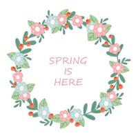 Cute cartoon spring frame made of flowers and berries. Vector flat illustration isolated on white background.