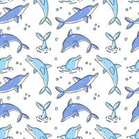 Seamless pattern with cute dolphins and bubbles on a white background in cartoon doodle style. Vector illustration background.