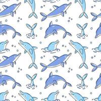 Seamless pattern with cute dolphins and bubbles on a white background in cartoon doodle style. Vector illustration background.