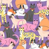 Seamless pattern with cute cats on a purple background. Background with animals. Vector illustration.