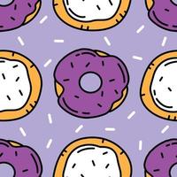 Seamless pattern with bright multicolored donuts, buns and sprinkles on a violet background. Vector cartoon doodle illustration for packaging, wallpaper. Purple and white donuts.