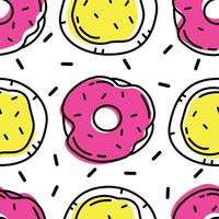 Seamless pattern with bright multicolored donuts, buns and sprinkles on a white background. Vector cartoon doodle illustration.