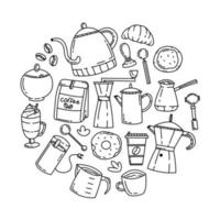 Cute doodle set in the form of a circle with coffee and coffee accessories. Vector line hand draw illustration for coffee shop.