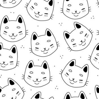 Seamless vector pattern with cute cat in cartoon doodle style on white background. Print with cats.